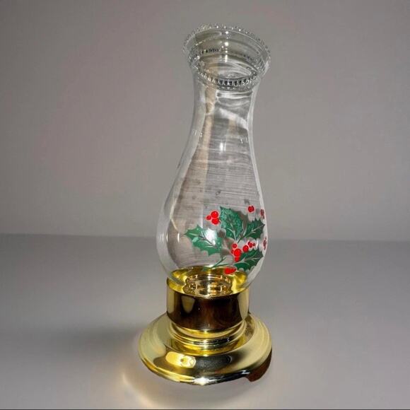 Vintage Brass Hurricane Candle Lamp + 2 Holiday Glass Shades Christmas Decor - Picture 5 of 10